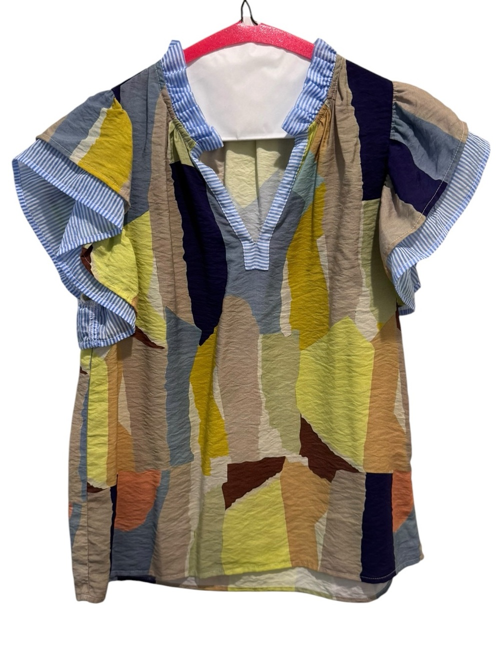 THML Abstract Print Blouse with  Blue Stripe Trim